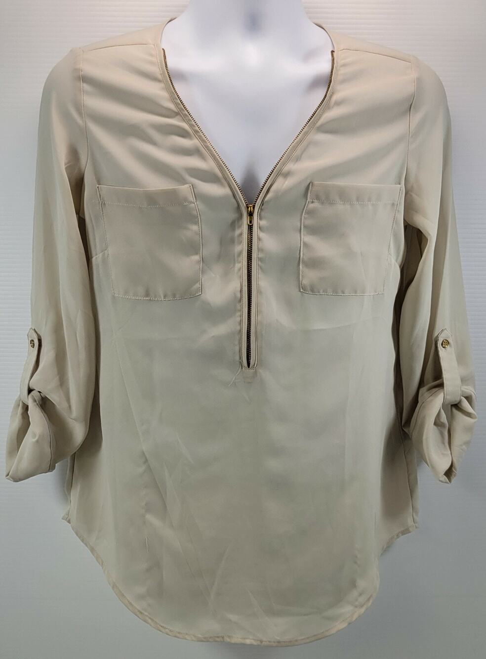 I2) Zac & Rachel Roll Sleeve Zipper Collar Women's Almond Polyester Blouse Small